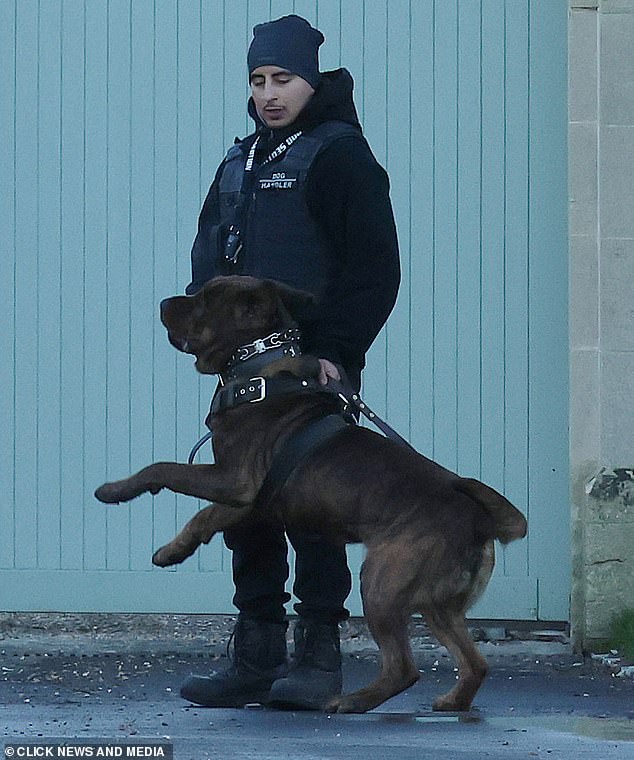 The patrol dog jumping up at the entrance of the Georgian Manor this morning