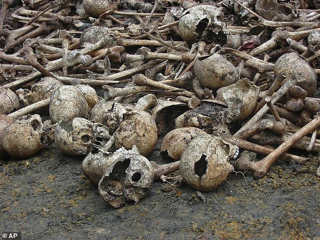 Bones and skulls seen in Kpolokpai, Liberia in September 2009. A church service was organised for the dead after their remains were dug up