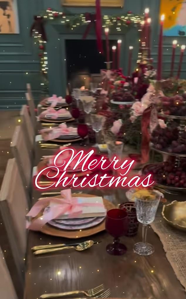Jennifer Lopez put together a more approachable — but still opulent — Christmas dinner setup. Unlike the oppressive shades of beige at the Kardashians' gathering, which were only broken up by the dark green of pine trees, Jennifer favored a deep crimson pallet