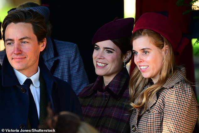 Andrew's daughters Beatrice and Eugenie, alongside Beatrice's husband Edoardo Mapelli Mozzi during the royal family's Christmas Day Church Service