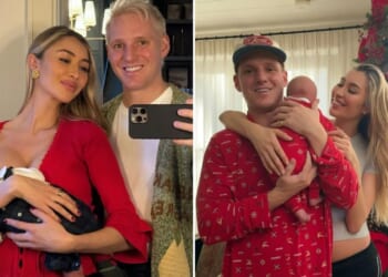 Sophie Habboo cuddles up to newborn son Ziggy as she marks first Christmas as a mum with husband Jamie Laing