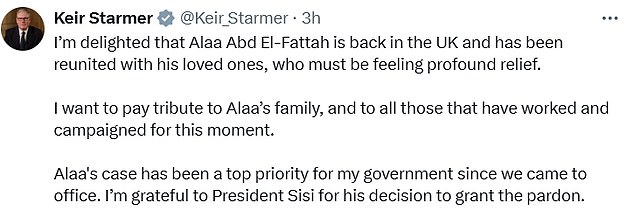 Sir Keir Starmer said he was delighted byu El-Fattah's return