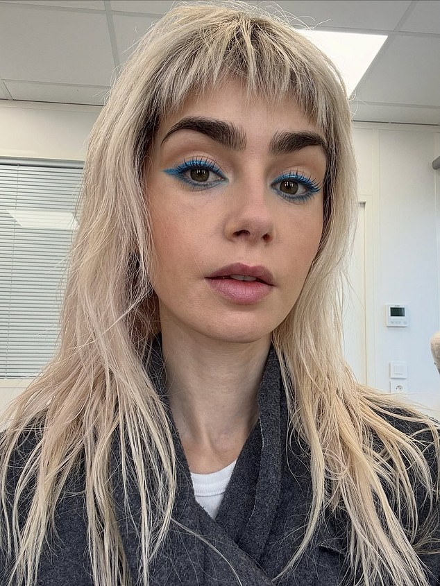 The actress, who shared these behind-the-scenes snaps from her hit Netflix series, Emily In Paris, looked very much a New Wave princess in vivid blonde tresses and blue eyeshadow