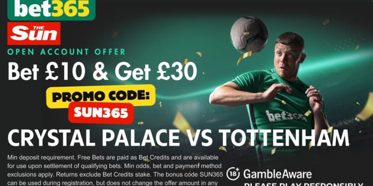 £30 bonus for Crystal Palace vs Tottenham with SUN365