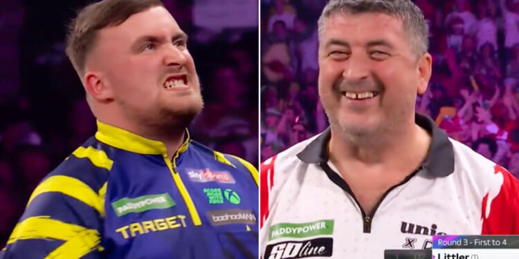 Watch Luke Littler's furious reaction to giving Suljovic a single dart at double in World Darts whitewash