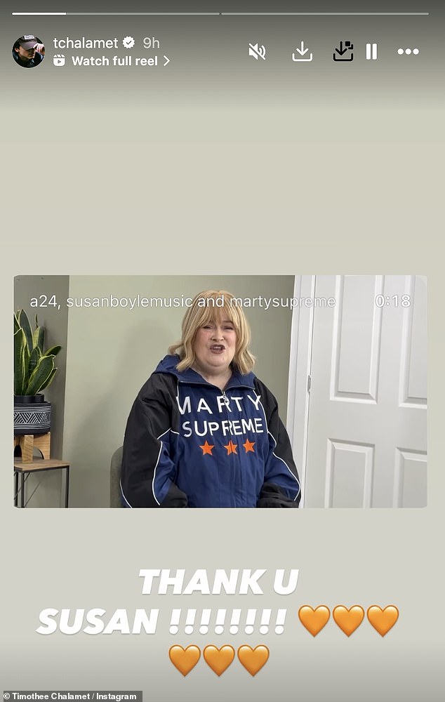 Timothée was quick to voice his joy and gratitude for the surprise tribute, sharing it to his Instagram Stories and captioned: 'THANK U SUSAN !!!!!!!!' with a string of orange heart emojis