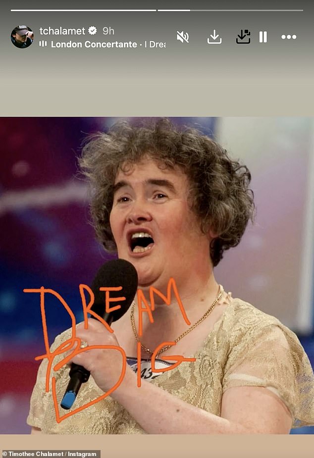While he also posted a throwback photo of Susan from her famous Britain's Got Talent audition, writing over the top: 'DREAM BIG'