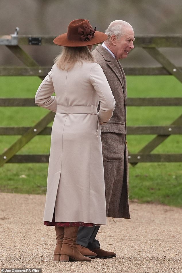 The Duchess of Edinburgh, 60, stands next to the monarch this morning ahead of the church service at St Mary Magdalene Church