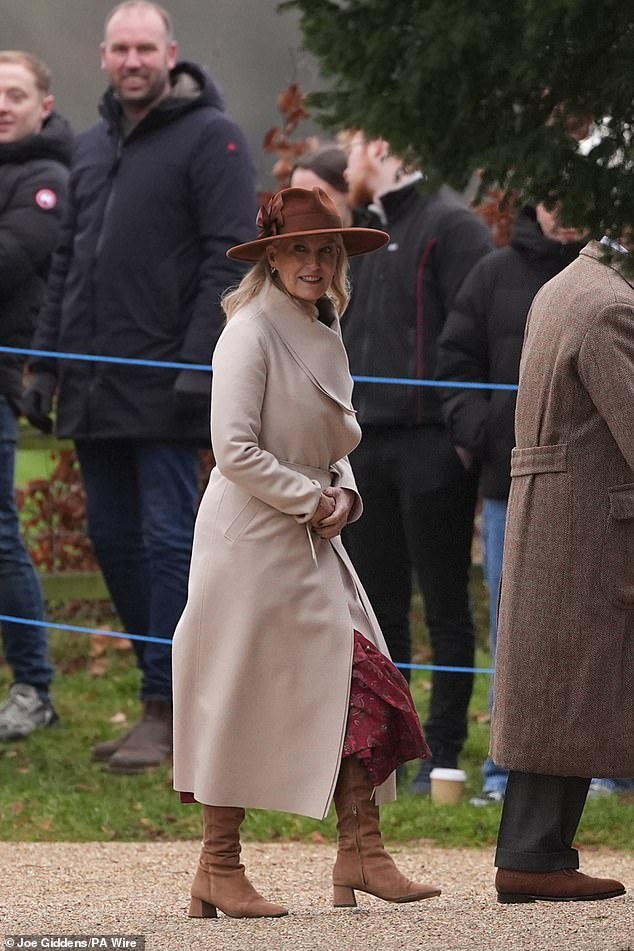 Duchess Sophie cuts a chic figure this morning wearing a cream coat and brown boats in the chilly winter weather