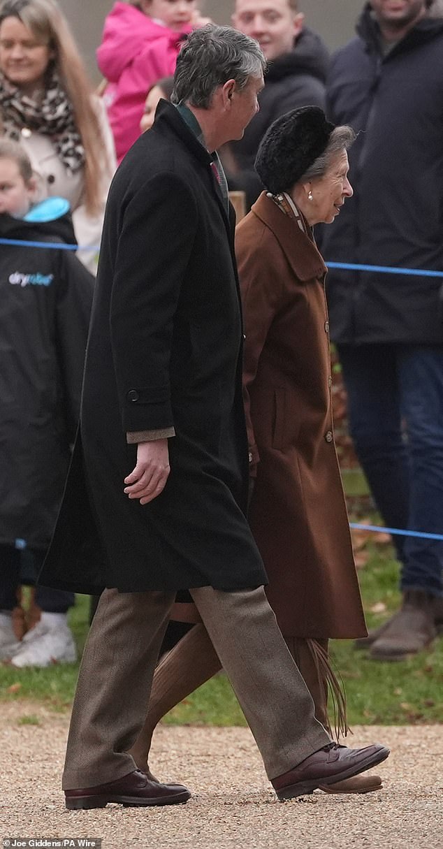 Princess Anne and her husband Vice Admiral Sir Tim Laurence attend the Sunday morning church service