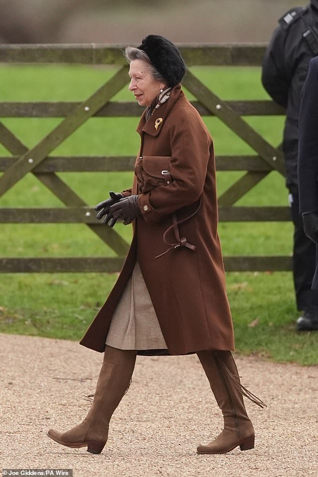 The Princess Royal follows her brother wearing an all brown ensemble