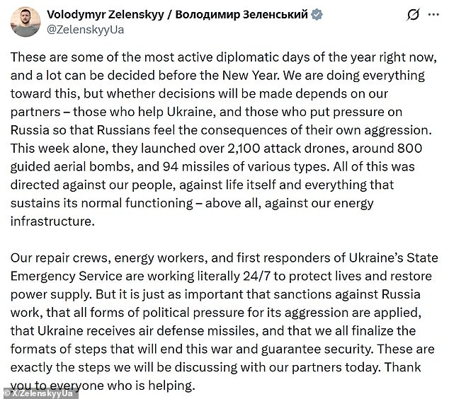 Russian President Vladimir Putinhas shown little interest in negotiating a peace deal, while Zelenskyy has said Ukraine is 'willing to do whatever it takes to stop this war' in the post above