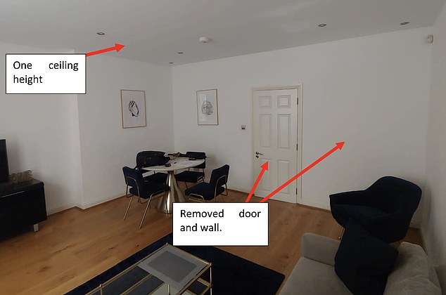 Pictured: The inside of the home before the wall was removed and ceiling was changed