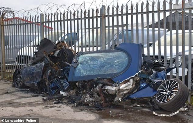 The McLaren 570GT supercar was virtually destroyed in the crash and blaze