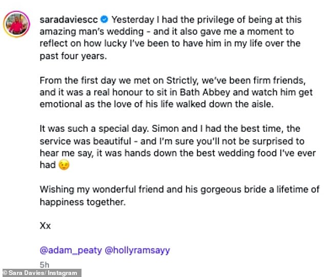 While Sara is yet to share any snaps from with the couple on their wedding day, she did share a sweet message to Adam on Instagram on Sunday and shared pictures of the pair
