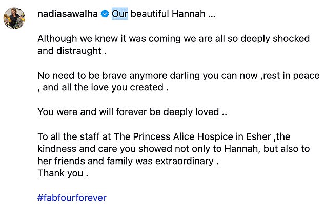 The TV personality also shared a heartfelt message to Hannah in the caption of the post, describing her own emotions as 'shocked and distraught'