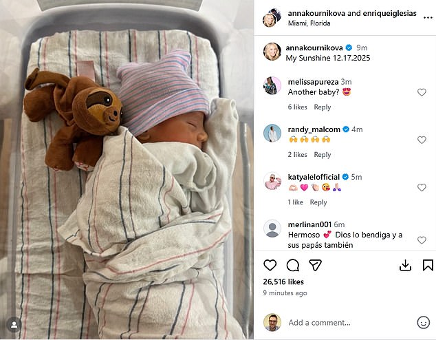 Former tennis sensation Kournikova, 44, took to Instagram on Monday to share the news with her fans in a rare social media update