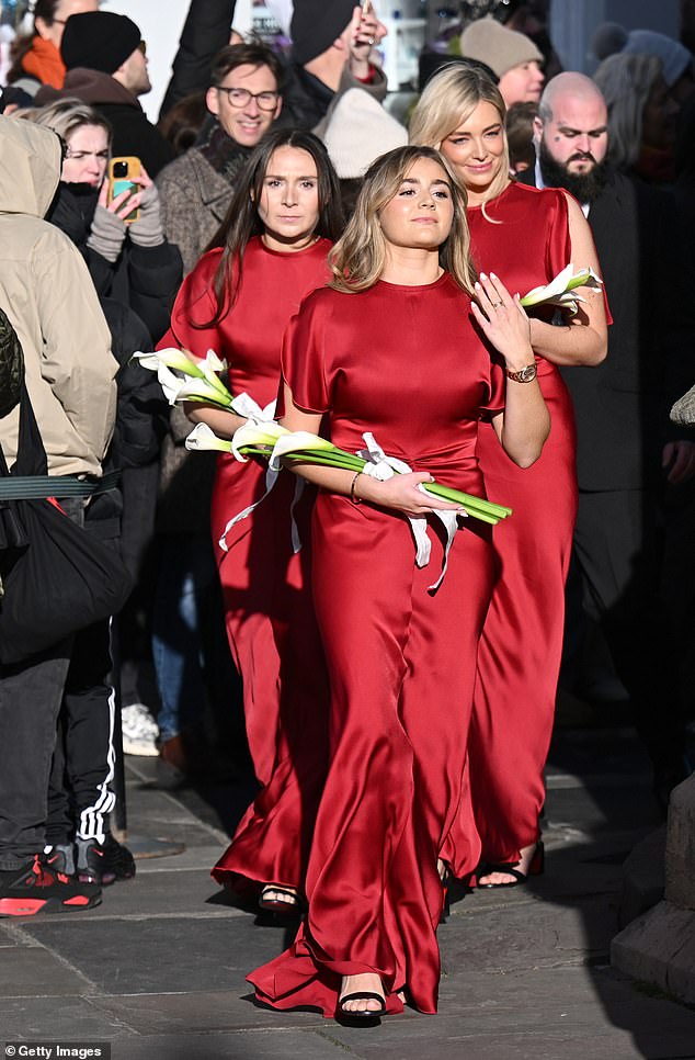 The Peaty family were all uninvited from the nuptials, aside from Adam's sister Beth who was a bridesmaid (pictured back right with Holly's sisters Megan and Tilly Ramsay)