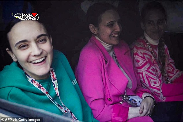 Romi Gonen, centre, was released alongside hostages Emily Damari, left, and Doron Steinbracher