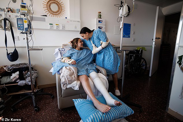 Romi Gonen pictured on February 28, 2025, three days post-surgery in recovery with her friend Emily Damari (R) who she met in captivity
