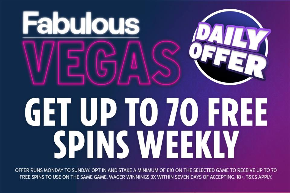 An illustration of a Fabulous Vegas daily offer for up to 70 free weekly spins.