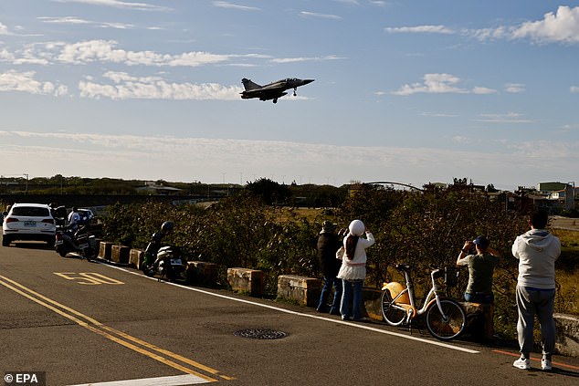 A Taiwan Air Force Mirage 2000 fighter approaches for landing at an airbase in Hsinchu, Taiwan, 29 December 2025