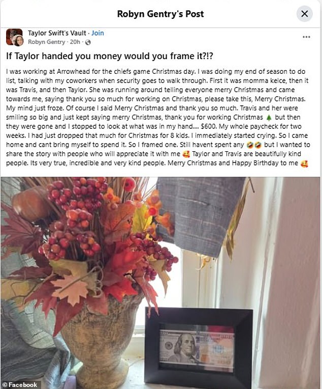 According to Gentry, she was working the holiday game at Arrowhead Stadium when security escorted a small group through the area - including Chiefs tight end Travis Kelce, his mother Donna Kelce, and Swift herself