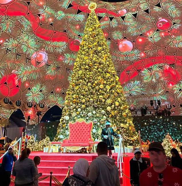 A magnificent golden Christmas tree - standing at 20 metres tall - lights up Dubai's exhibition and trade centre
