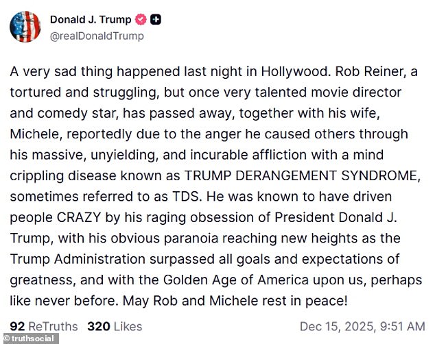 Trump took to social media with his head-turning take on Reiner's death