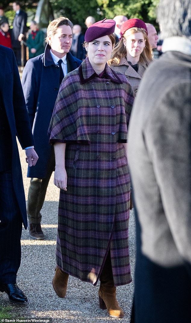 Princess Beatrice and Princess Eugenie were both in muted brown plaids, they kept their accessories (and noticeably their hats) paired back
