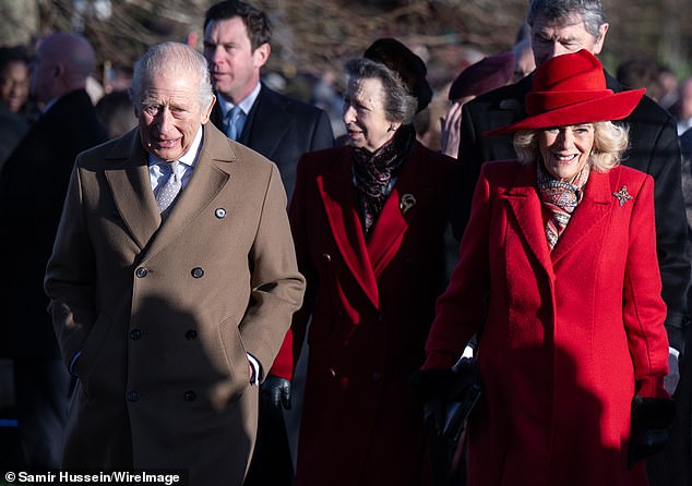 Queen Camilla and Princess Anne were impossible to miss in their bright red coats on their way to the Christmas Day service
