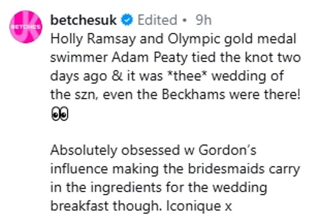 Poking further fun at the link to Gordon, the Instagram account wrote: 'Absolutely obsessed w Gordon's influence making the bridesmaids carry in the ingredients for the wedding breakfast though. Iconique'
