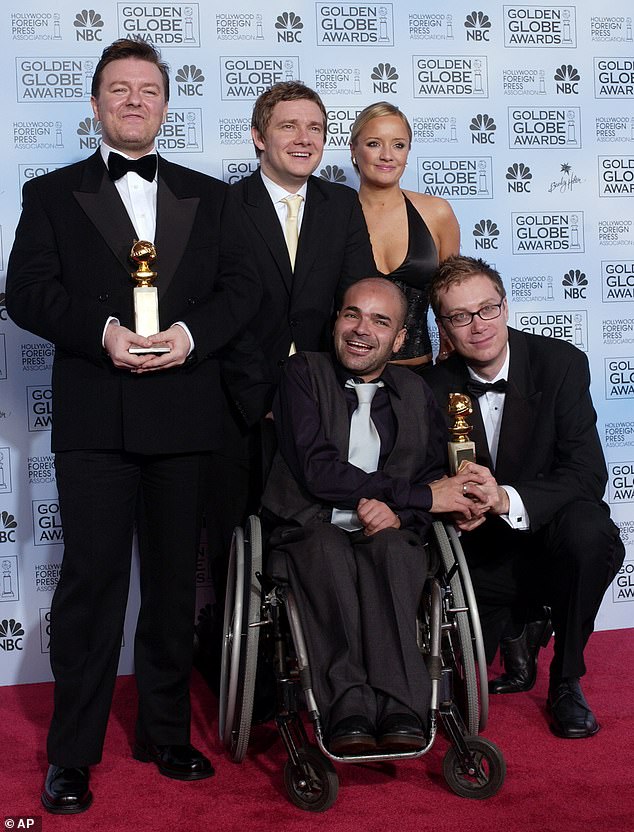 While accepting an award for The Office on stage together at the event, Ricky joked that Ash, who uses a wheelchair, was the show's runner (pictured in 2004)