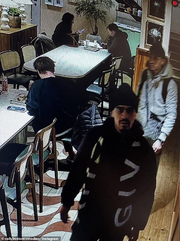 CCTV footage shared on social media by Ms Beaton shows the two men who left the diner with her bag
