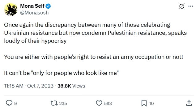 Ms Seif quickly followed it up with another post in which she compared 'Palestinian resistance' with 'Ukrainian resistance'