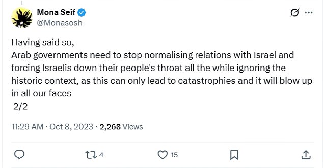 In a further social media post, Ms Seif suggested the 2023 attacks against Israel were 'understandable'