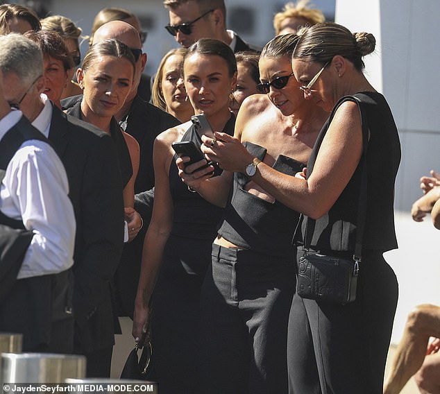 Several of Sam's Matildas team-mates were seen departing via coaches to the Villa Dionysus venue, where Kerr and Mewis were married (Pictured: R-L Mackenzie Arnold, Alanna Kennedy, Caitlin Foord and Katie McCabe)