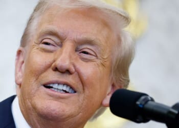 President Donald Trump delivers remarks in the Oval Office of the White House in Washington, DC on Oct. 16, 2025.