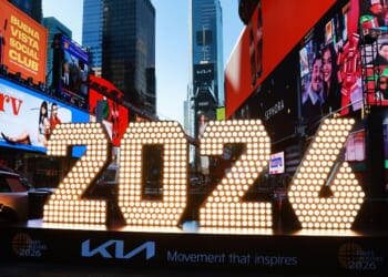The New Year's Eve ball drop numerals for 2026 are displayed in Times Square on Dec. 18, 2025, in New York City.