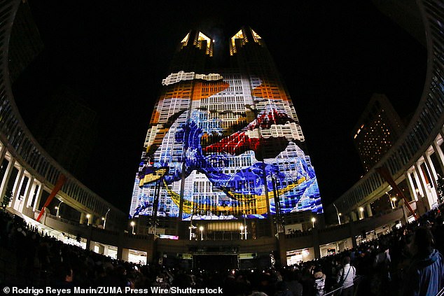 A projection mapping is displayed on the Tokyo Metropolitan Government building as the Southeast Asian country welcomes 2026