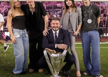 David Beckham's 'incredible year' was tinged with sadness due to his fallout with his estranged son Brooklyn who he is no longer on speaking terms with (pictured L-R Harper, Romeo, David, Victoria and Cruz)