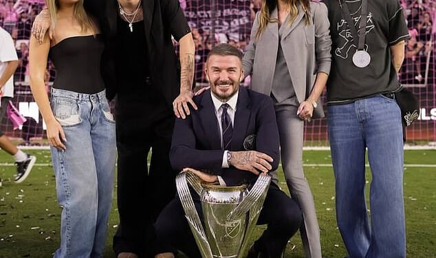 David Beckham's 'incredible year' was tinged with sadness due to his fallout with his estranged son Brooklyn who he is no longer on speaking terms with (pictured L-R Harper, Romeo, David, Victoria and Cruz)