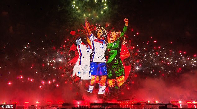 In the 12-minute display, an array of pyrotechnics filled the night sky as a nod was given to the country's many sporting triumphs, including the Lionesses back-to-back Euros win