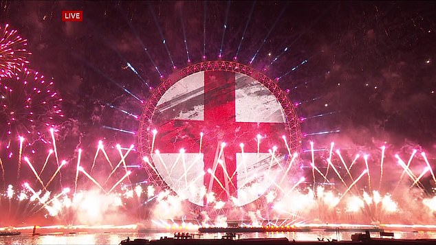 An English flag is projected onto the London Eye during the spectacular firework display