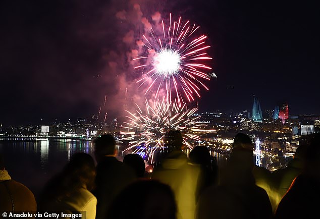 Fireworks light up the night sky over, Baku, Azerbaijan this evening