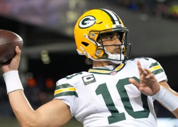 Jordan Love of the Green Bay Packers warms up prior to the game against the Chicago Bears at Soldier Field on Dec. 20, 2025, in Chicago, Illinois.