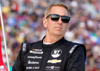 Greg Biffle is pictured during driver introductions before the 2022 NASCAR Daytona 500 auto race in Daytona Beach, Florida.