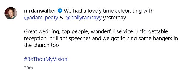 He wrote: 'We had a lovely time celebrating with @adam_peaty & @hollyramsayy yesterday. Great wedding, top people, wonderful service, unforgettable reception'