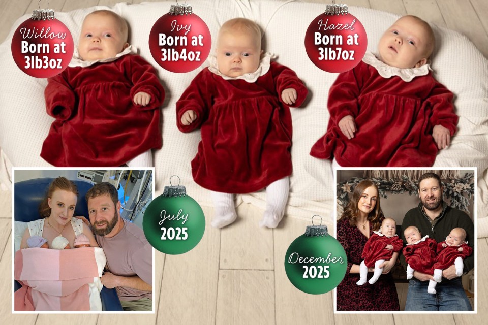 Collage of three baby triplets in red dresses, with two photos below showing the parents and triplets at different ages.