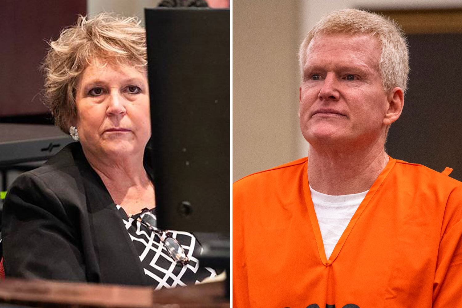 Collage of a woman on the left and a man in an orange jumpsuit on the right.